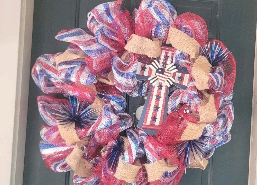 Patriotic 4th of July Mesh Ribbon Burlap Front Door Wreath Independence Day deco